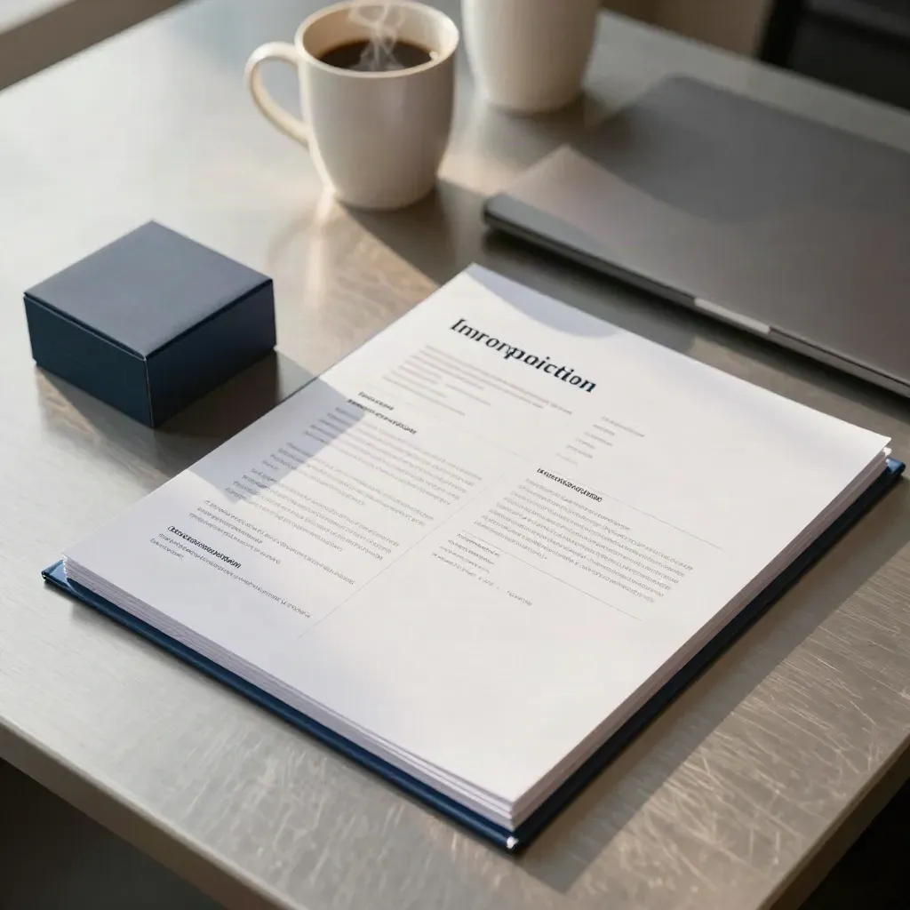 Top-down legal startup flatlay with folders, prototype box, laptop and coffee on a boardroom table.