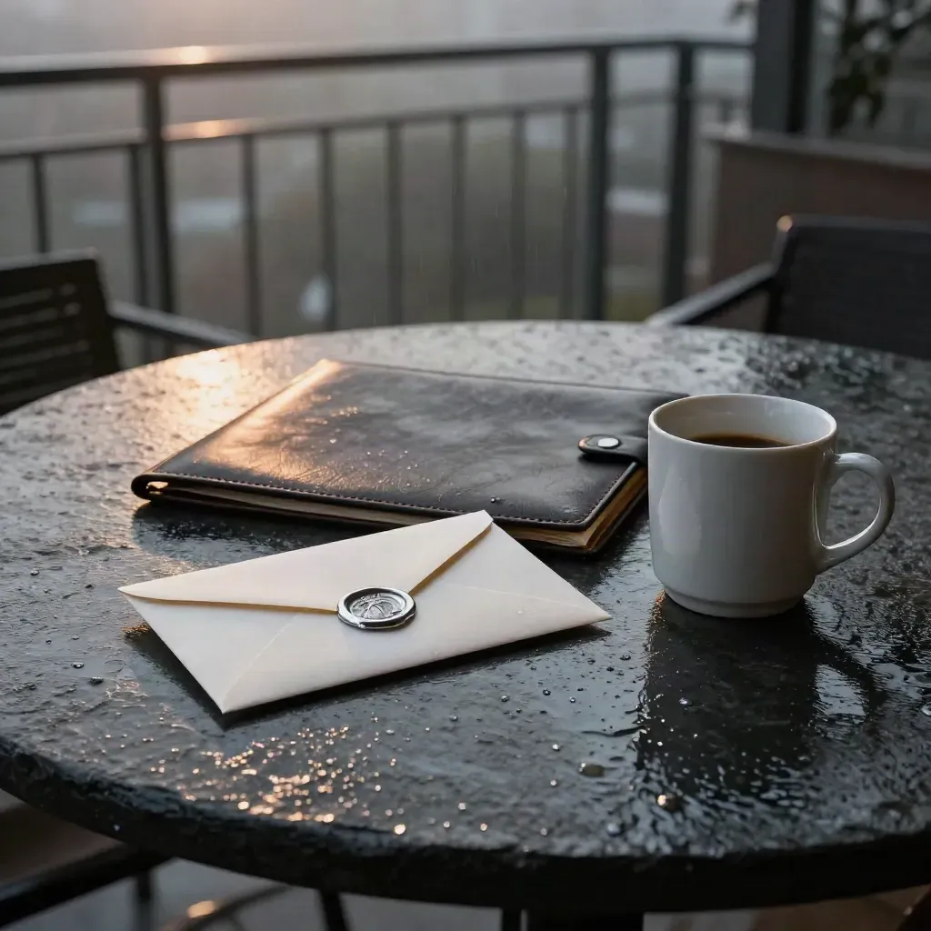 Rain-soaked dispute envelope, dark folder and mug on a slate terrace in city haze.