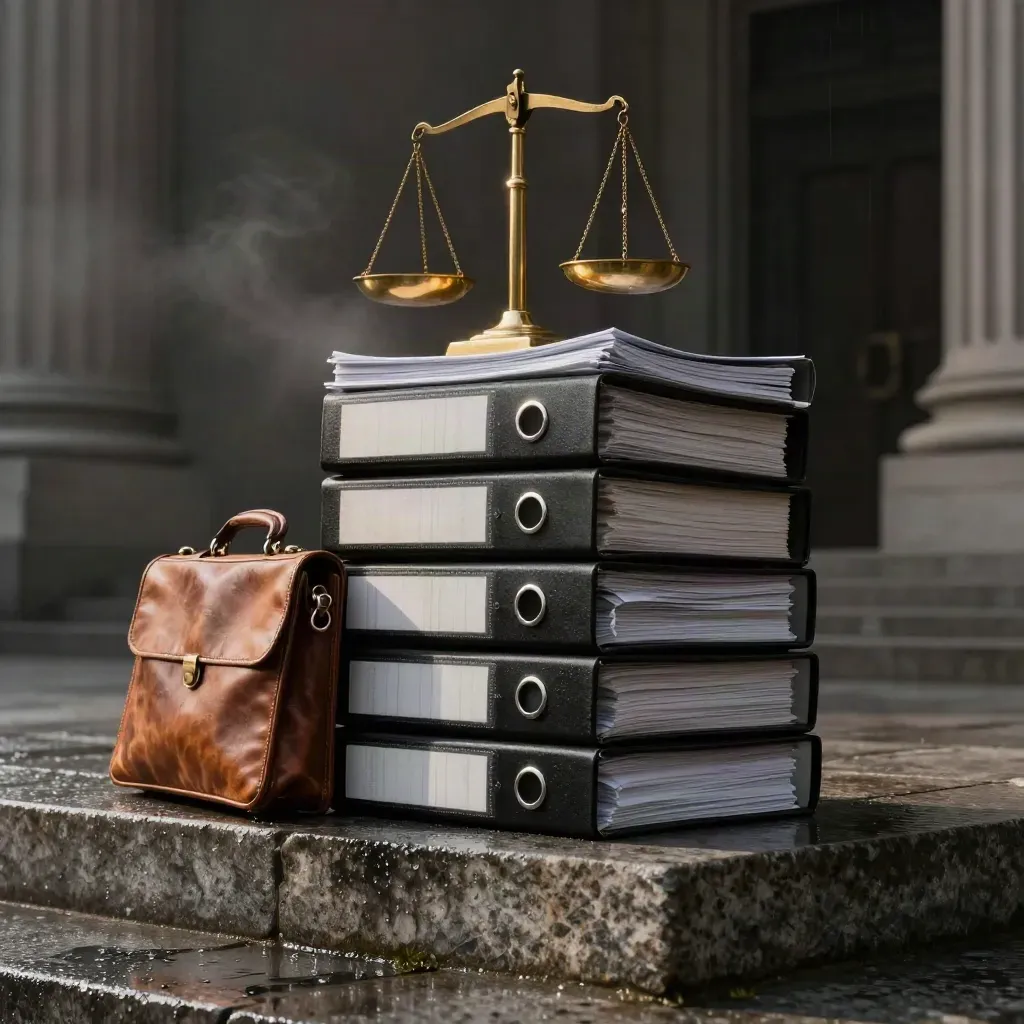 Black legal binders, brass scales and a briefcase on wet courthouse steps in moody light.