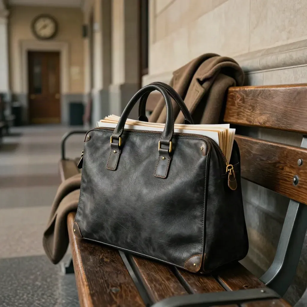 Charcoal satchel with hearing bundle beside a courthouse bench, coat draped nearby, clock blurred.