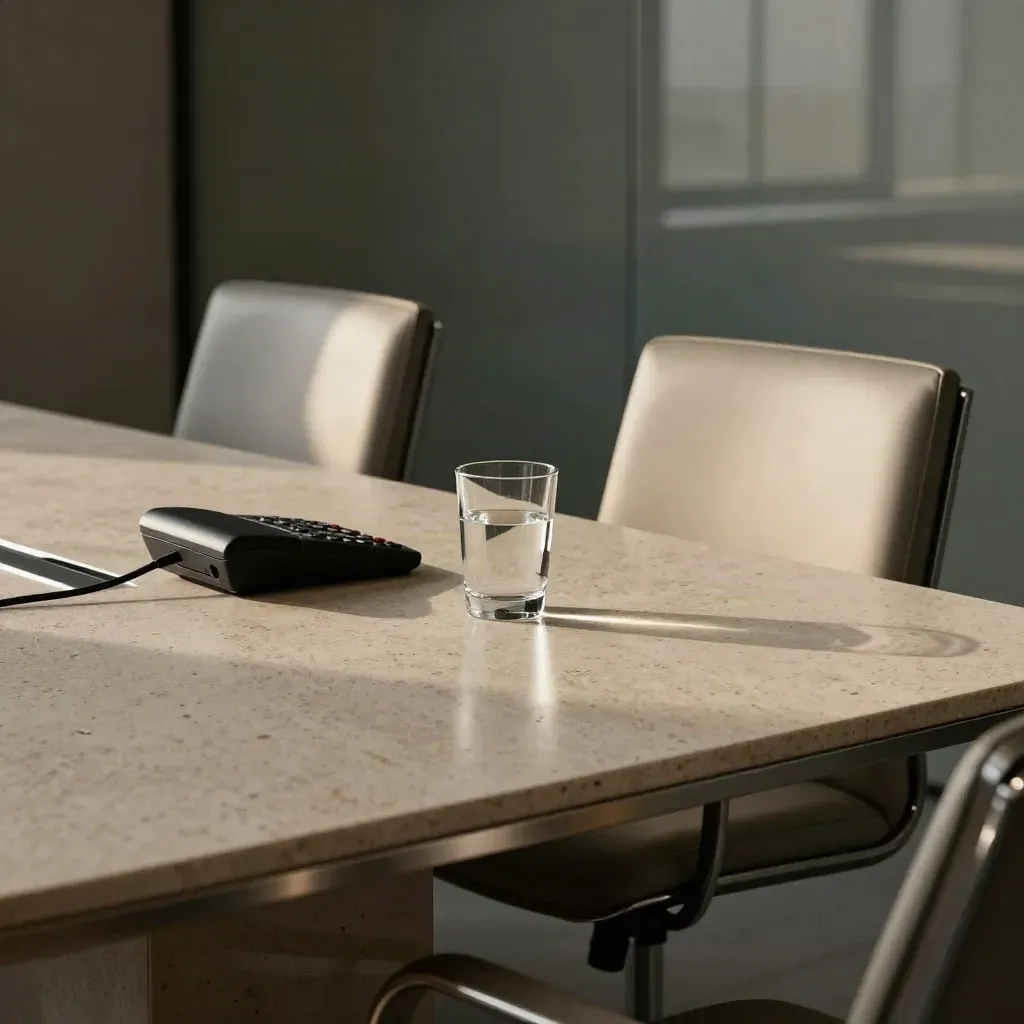 Empty boardroom after settlement talks, two chairs pulled back, speakerphone and water glass in silver light