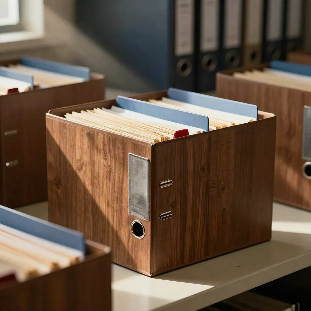 Open legal file folder with tabbed sheets and clips on a walnut bench in dramatic light