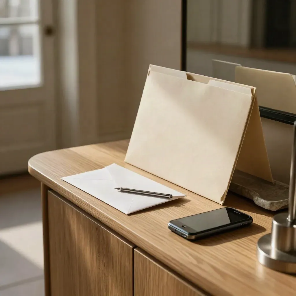 Courier envelope, letter opener, face-down phone and legal folder on a hallway console in soft daylight.