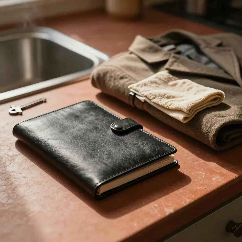 Court prep bundle on a kitchen counter with binder, wallet, jacket and shoe-shine cloth in moody light.