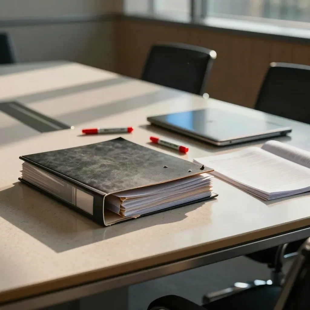 Legal review materials on a travertine boardroom table under late-afternoon light