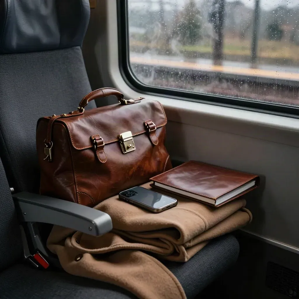 Leather case bag, face-down phone and hearing coat on a train seat by a rainy platform.