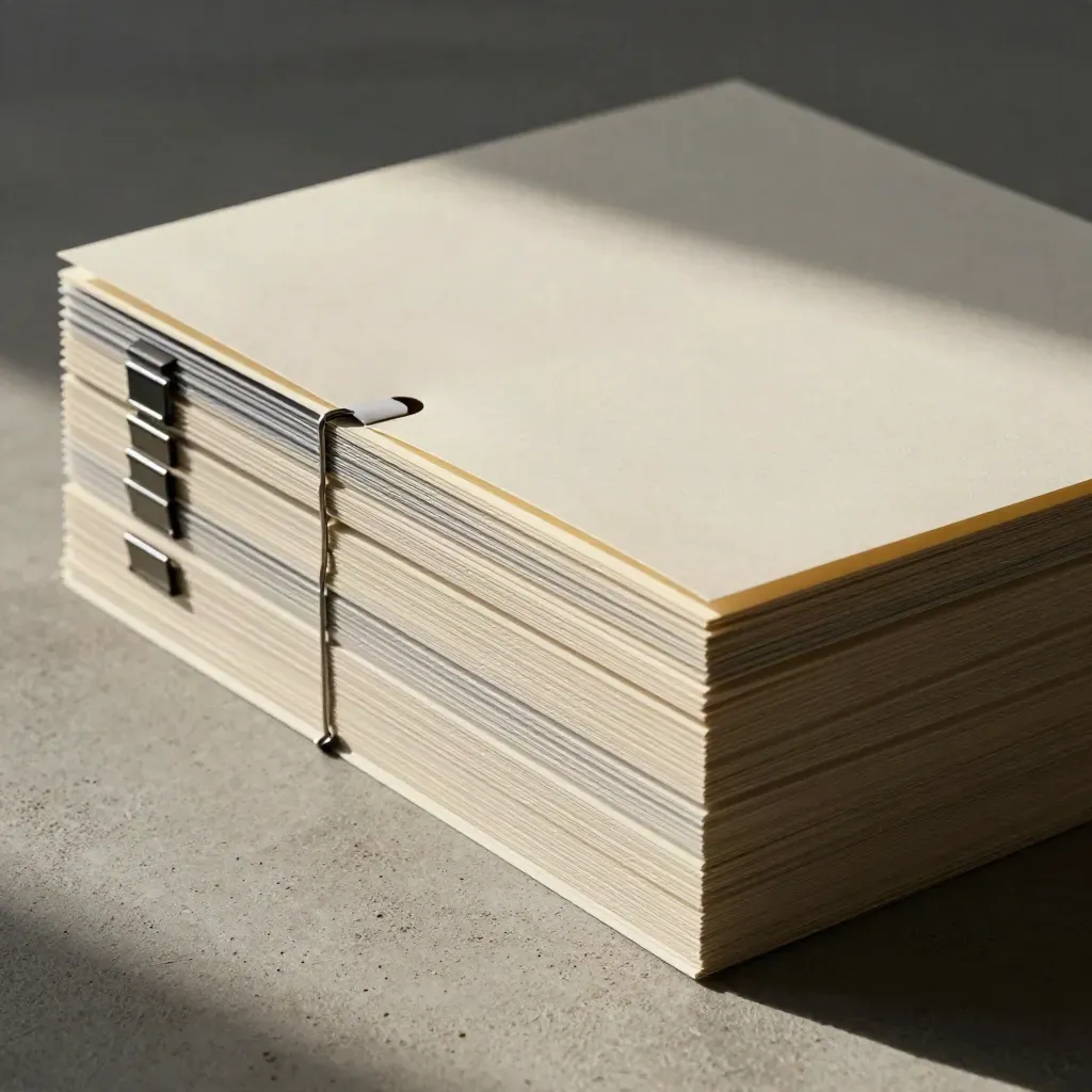 Top-down legal bundle stack with tabbed folders and binder clips, one slot still open.