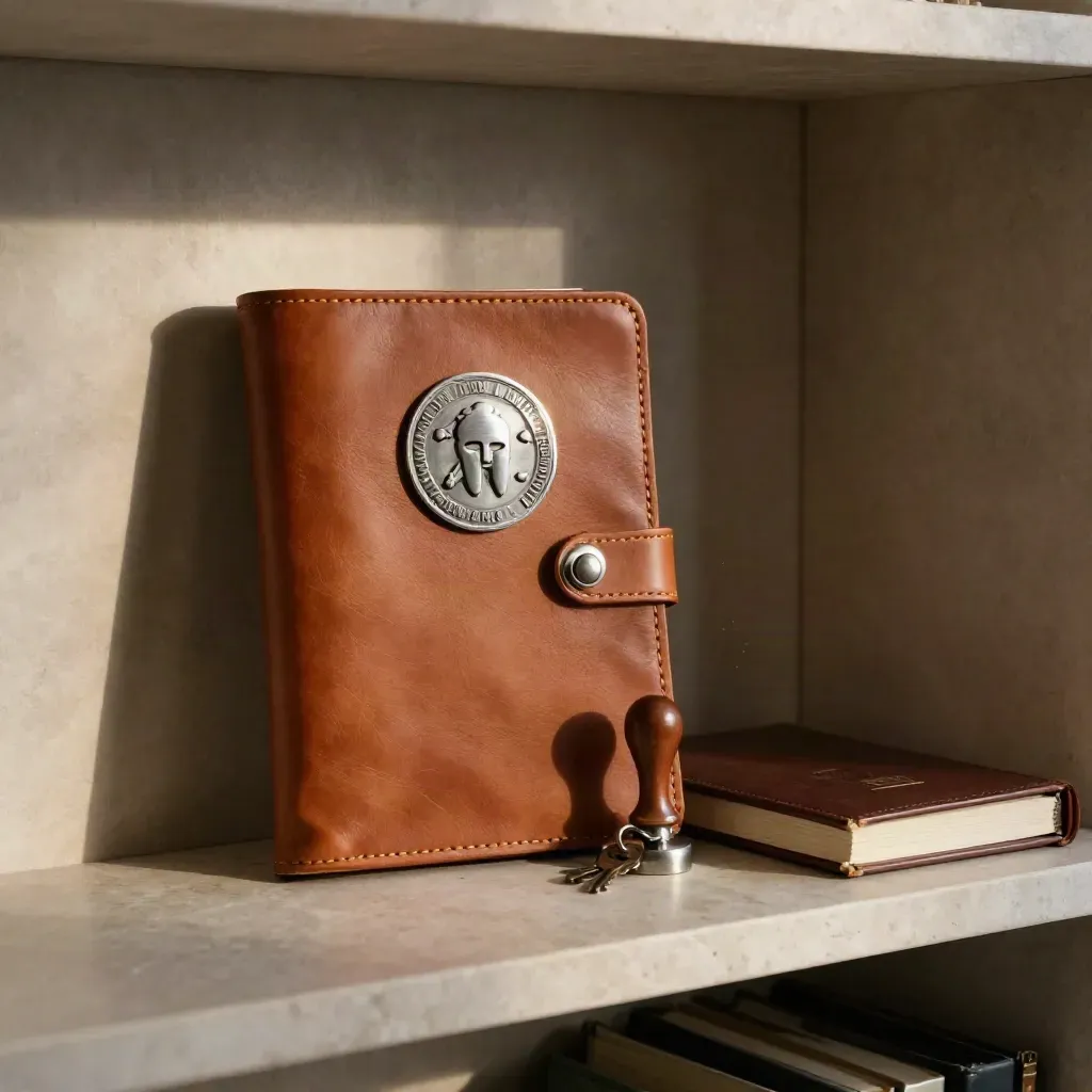 Leather ledger folio, seal stamp, keys and notebook on a limestone shelf in warm evening light.