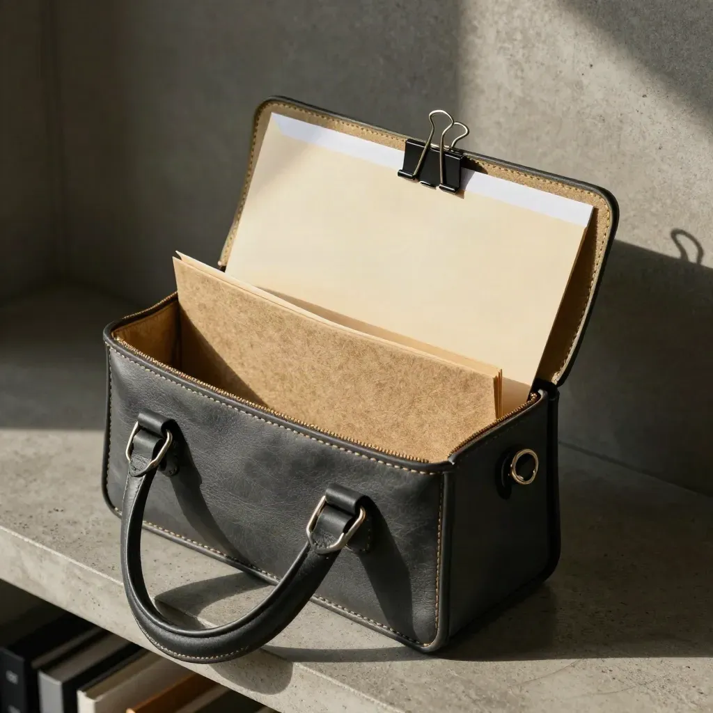 Top-down legal case satchel with folders and binder clips, frozen mid-file check in soft office light