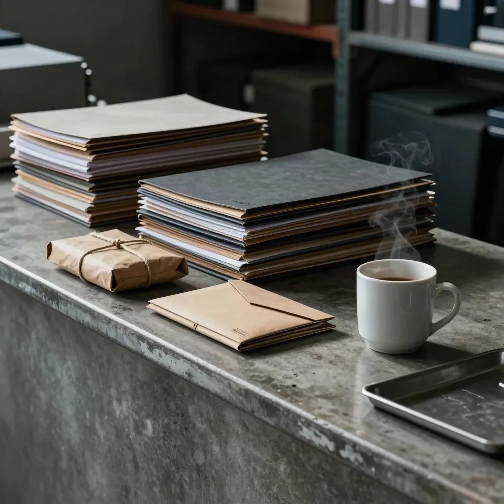 Industrial office counter with case folders, parcel and coffee cup under dramatic light