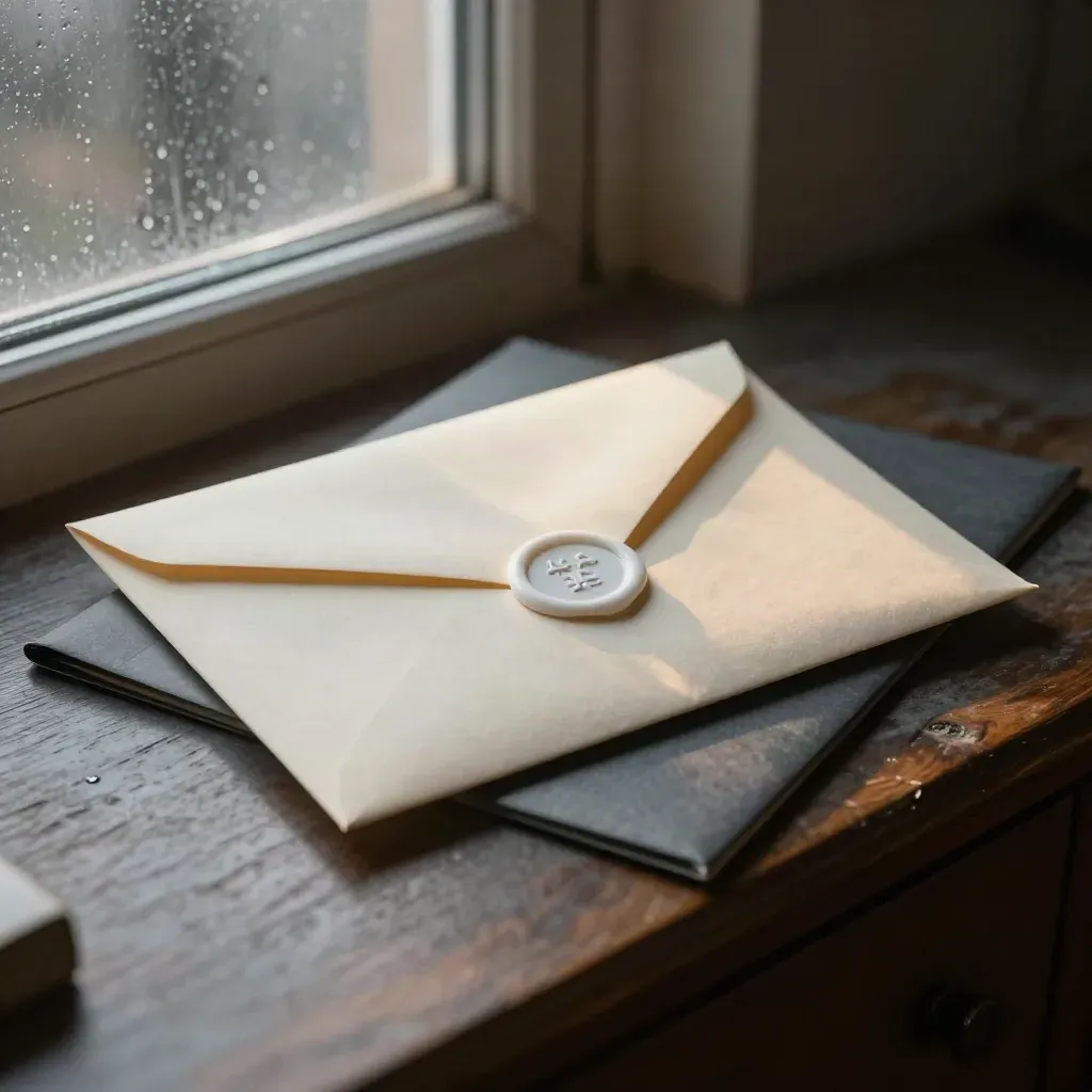 Cream legal envelope with white wax seal beside a folder on a shadowed hallway console.