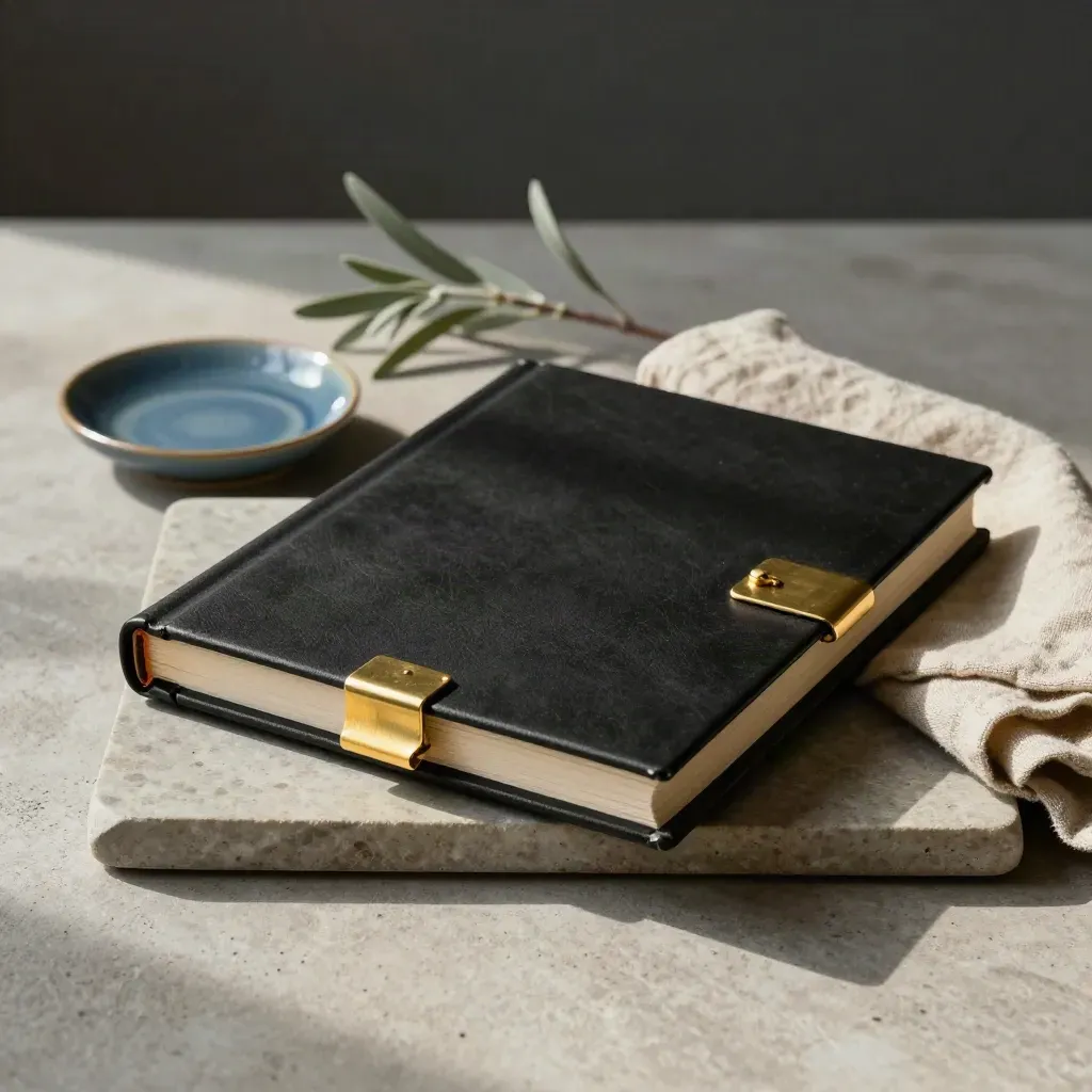 Closed black legal binder on stone tray with linen cloth, blue dish, and slender plant.