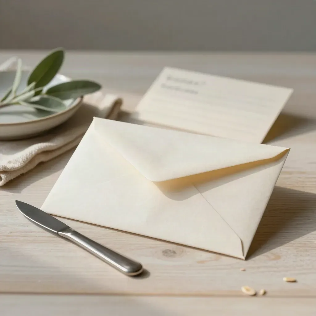 Off-white dispute envelope with silver paper knife, cloth, dish and plant on pale wood