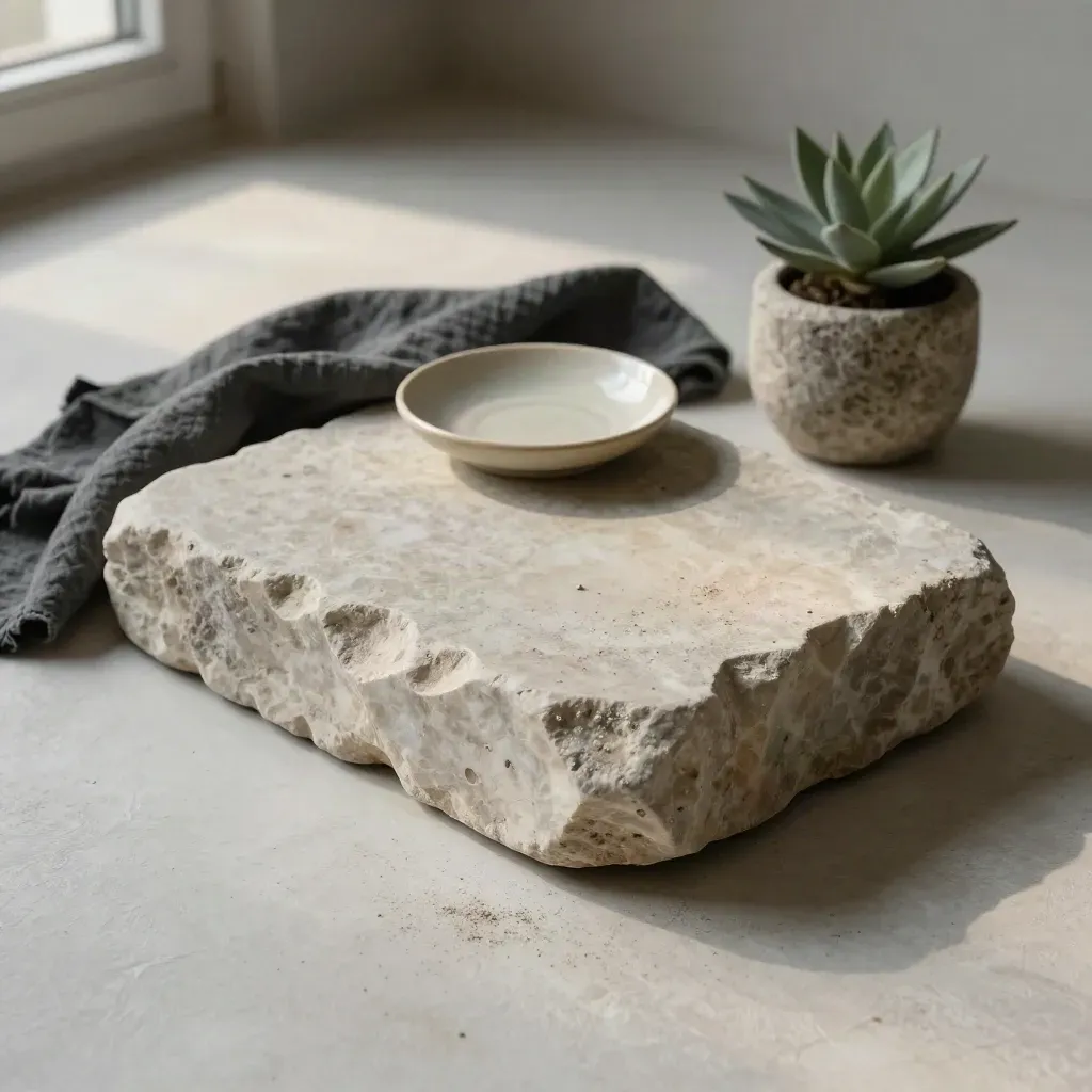 Weathered stone court step fragment with linen, ceramic dish and a small sage plant on pale plaster.