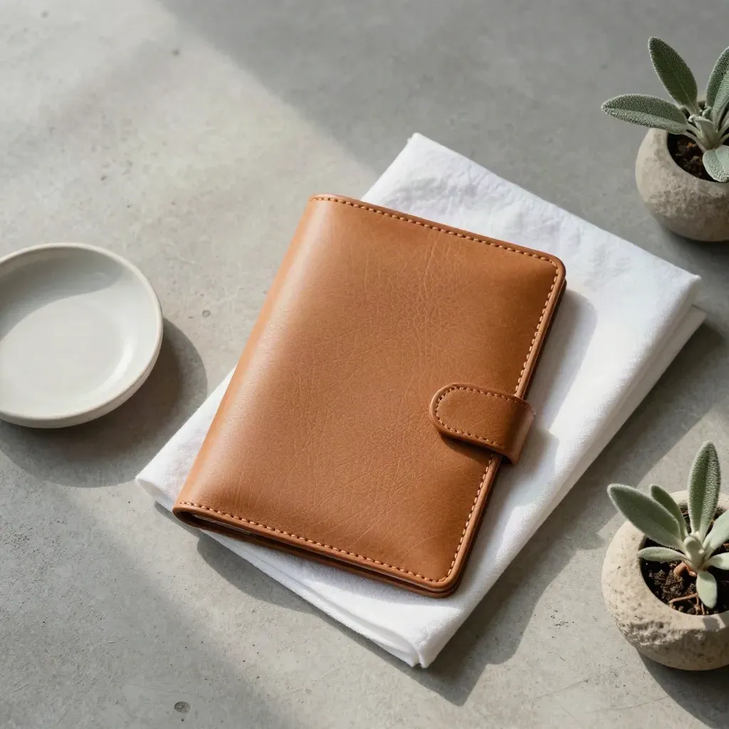 Leather business folio with cloth, ceramic dish and plant on pale concrete.